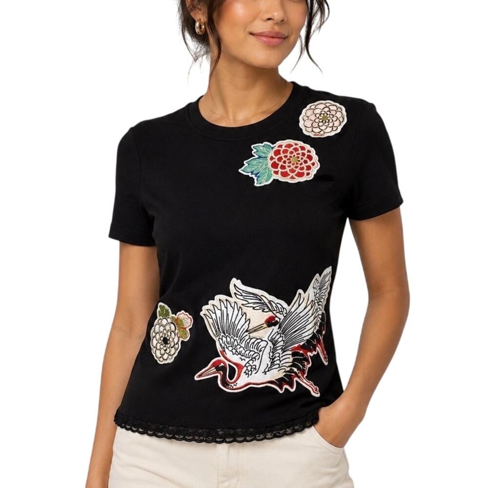 M Carven Black Short Sleeve Crane Bird Appliqué Patch Lace Hem Style Blouse Top